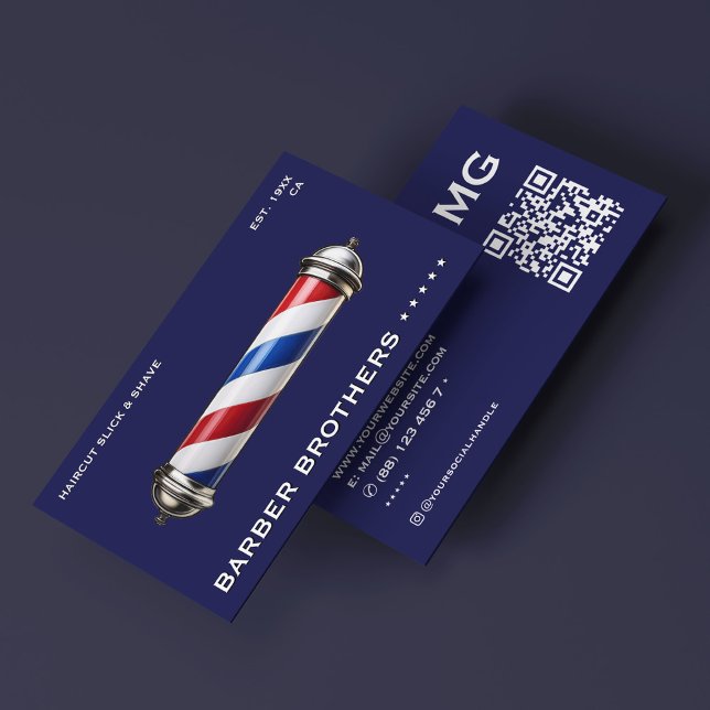 Retro Barber Pole Navy Barbershop Modern Visitkort (Retro Barber Pole Navy Barbershop Modern Business Card
)
