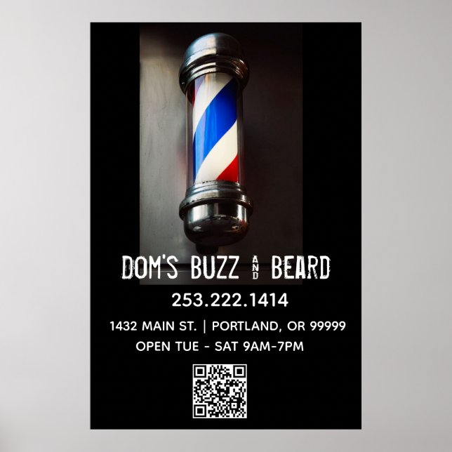 Retro Barber Pole & QR Code Business Poster (Framsidan)
