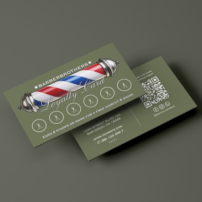 Retro Barber Stång Sagegrön Lojalitet Visitkort (Retro Barber Pole Sage Green Loyalty Business Card
)