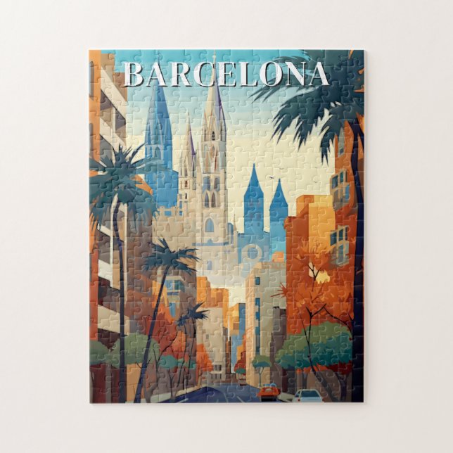 Retro Barcelona Vintage Reseskissillustration Pussel (Vertikal)