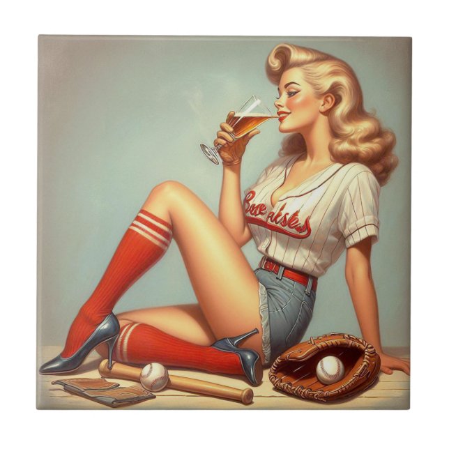 Retro Baseball Girl Painting Kakelplatta (Framsidan)