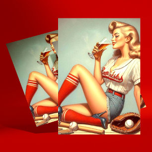 Retro Baseball Girl Painting Vykort