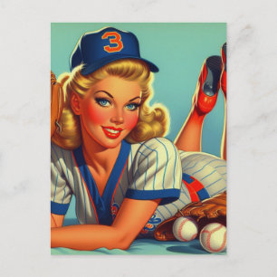 Retro Baseball Girl Vykort