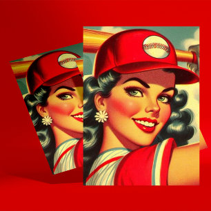 Retro Baseball Girl Vykort
