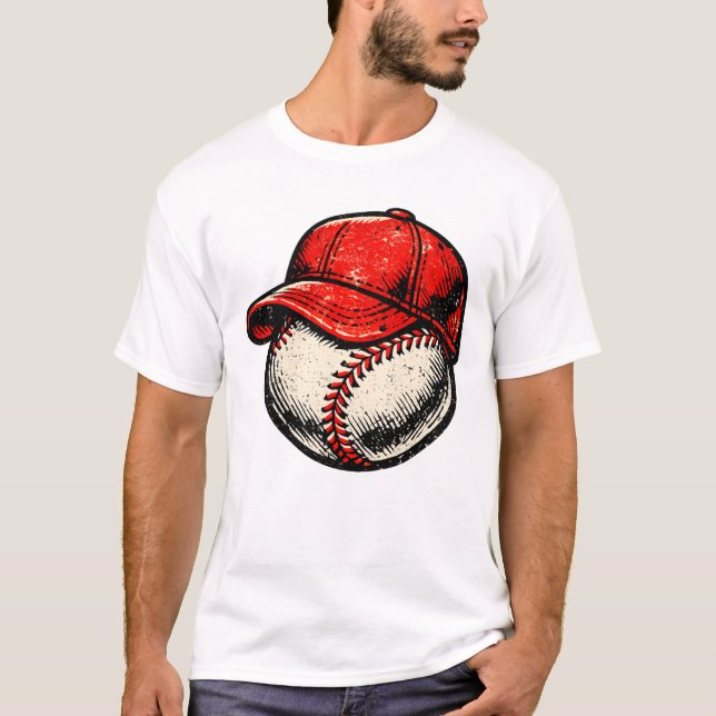 Retro Baseball Wearing Red Cap Sports Graphic T Shirt (Framsida)