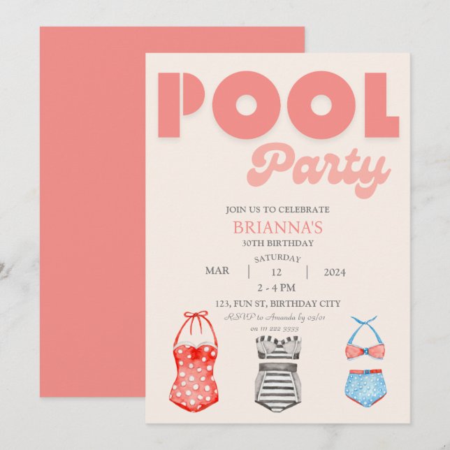 Retro Bassäng Party Kvinnor sommarfödelsedag Inbjudningar (Fram/baksida)
