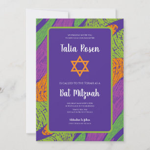 Retro Bat Mitzvah Lila och Grön QR-kod Inbjudningar