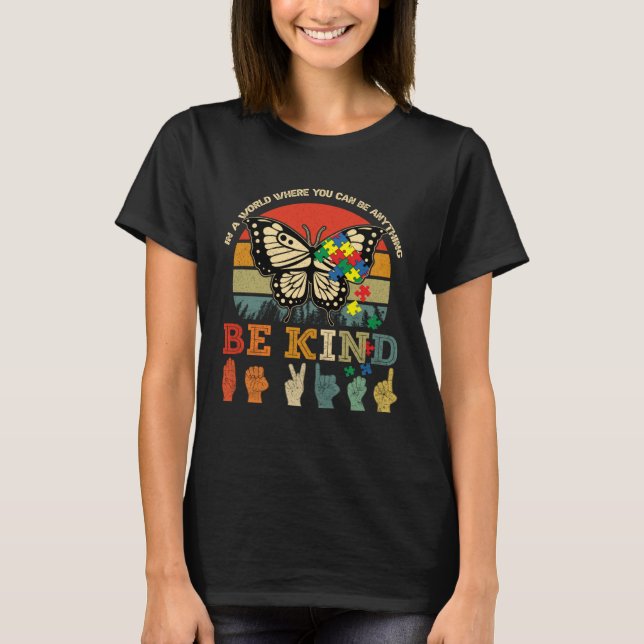 Retro Be Kind Puzzle Butterfly ASL Teacher Autism  T Shirt (Framsida)
