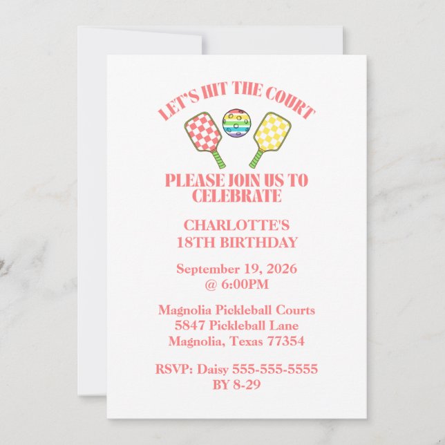 Retro be Lycklig Ansikte Pickleball Rainbow Birthd Inbjudningar (Framsida)