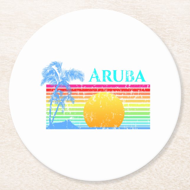 Retro Beach Aruba Sunset Underlägg Papper Rund (Framsidan)
