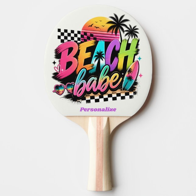 Retro Beach Babe Citat Tropiska Vibrationer Färggl Pingisracket (Framsidan)