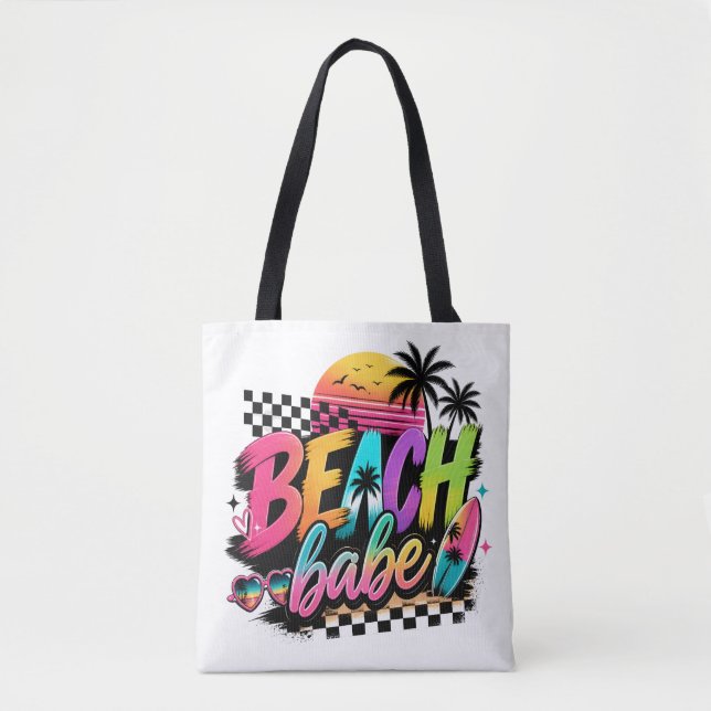 Retro Beach Babe Citat Tropiska Vibrationer Färggl Tygkasse (Framsida)