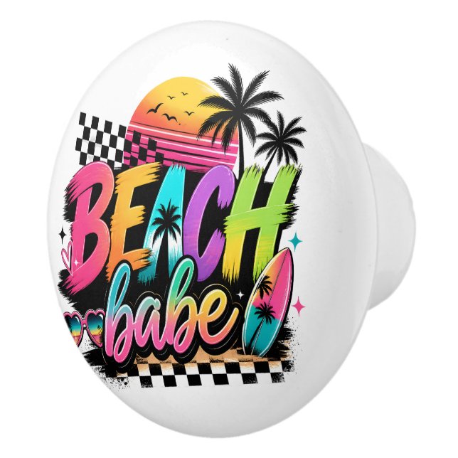 Retro Beach Babe Färgglada Tropiska Surfdesign Knopp (Höger)