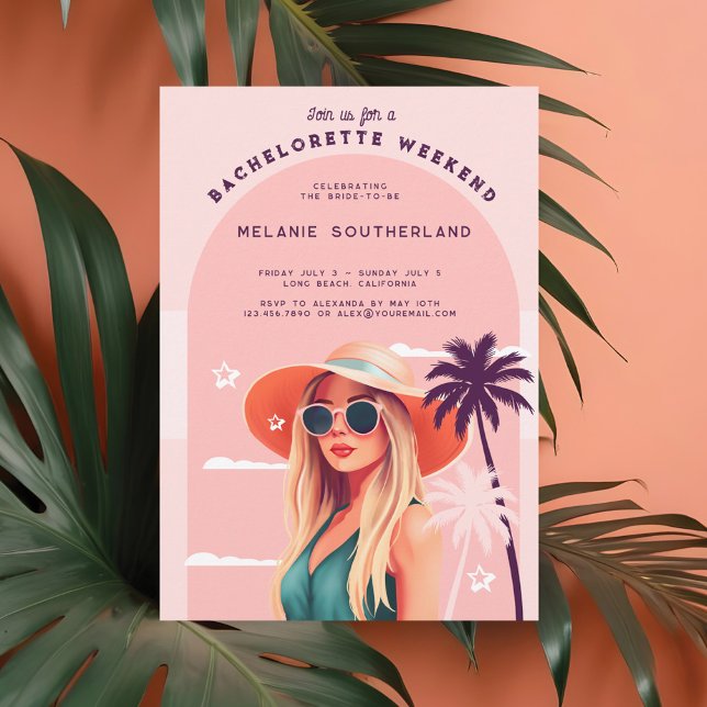 Retro Beach Bachelorette Helg Itinerary Inbjudningar (Retro Beach Bachelorette Weekend Itinerary Invitation Front)