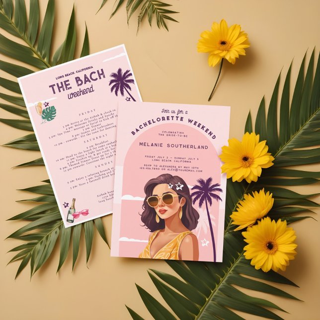 Retro Beach Bachelorette Helg Itinerary Inbjudningar (Retro Beach Bachelorette Weekend Itinerary Invitation)