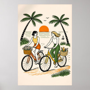 Retro Beach Bike Couple Affisch, Sommar Kust Poster