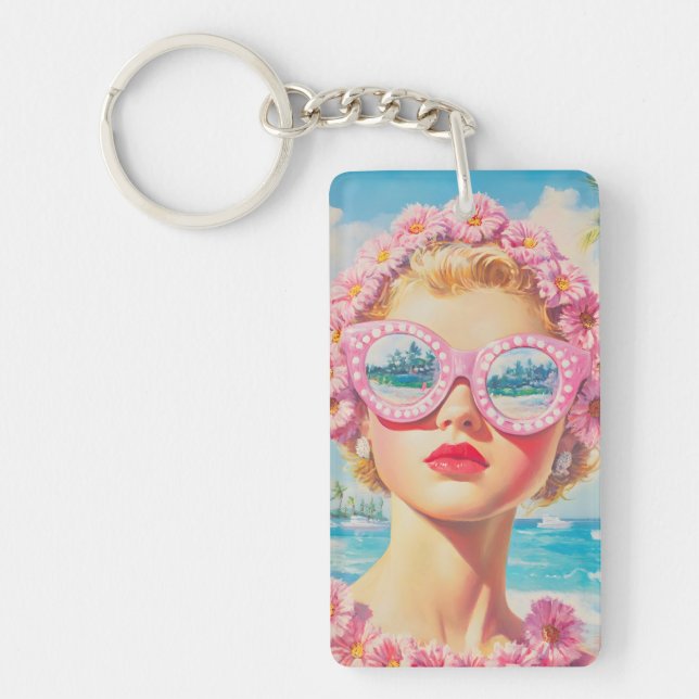 Retro Beach Girl med Blommigt Sunglasses (Framsidan)