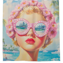 Retro Beach Girl med Blommigt Sunglasses