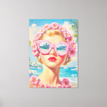 Retro Beach Girl med Blommigt Sunglasses