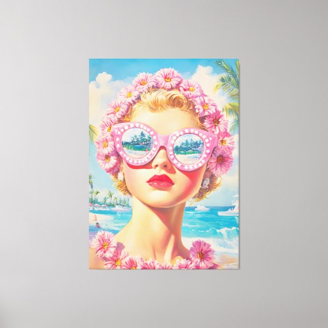 Retro Beach Girl med Blommigt Sunglasses Canvastryck (Framsida)