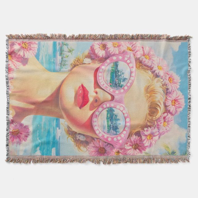 Retro Beach Girl med Blommigt Sunglasses Filt (Framsidan)