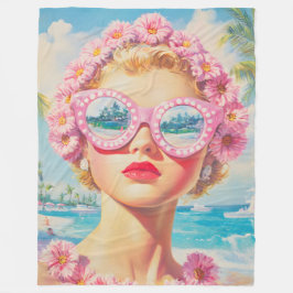 Retro Beach Girl med Blommigt Sunglasses Fleecefilt