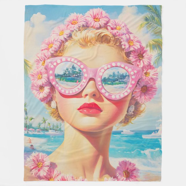 Retro Beach Girl med Blommigt Sunglasses Fleecefilt (Framsidan)
