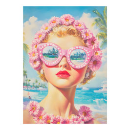 Retro Beach Girl med Blommigt Sunglasses Fototryck