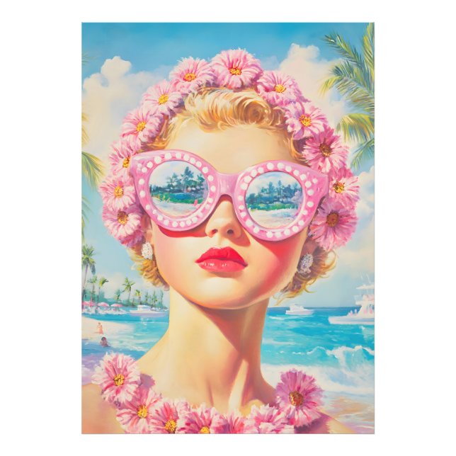 Retro Beach Girl med Blommigt Sunglasses Fototryck (Framsidan)