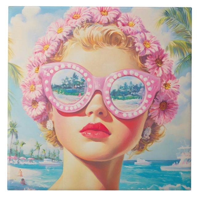 Retro Beach Girl med Blommigt Sunglasses Kakelplatta (Framsidan)