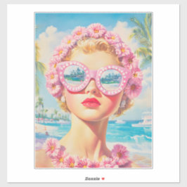 Retro Beach Girl med Blommigt Sunglasses Klistermärken