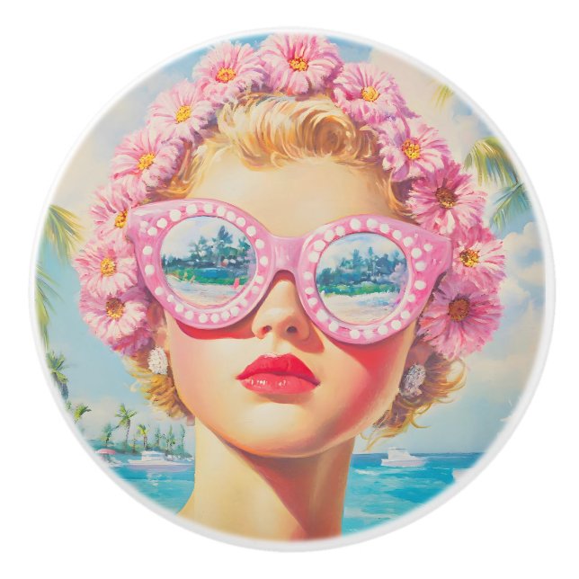 Retro Beach Girl med Blommigt Sunglasses Knopp (Framsidan)
