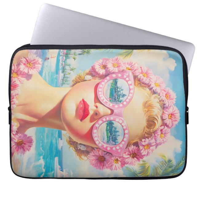 Retro Beach Girl med Blommigt Sunglasses Laptop Fodral (Framsidan)