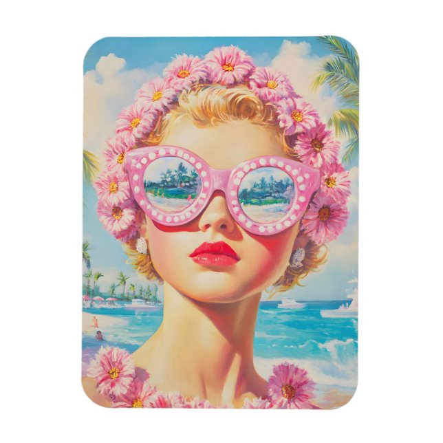 Retro Beach Girl med Blommigt Sunglasses Magnet (Vertikal)