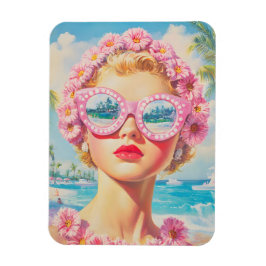 Retro Beach Girl med Blommigt Sunglasses Magnet