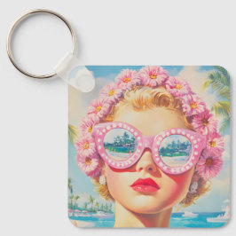 Retro Beach Girl med Blommigt Sunglasses Nyckelring