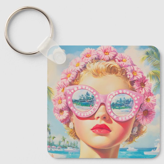 Retro Beach Girl med Blommigt Sunglasses Nyckelring (Framsida)