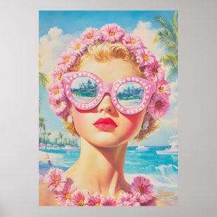 Retro Beach Girl med Blommigt Sunglasses Poster