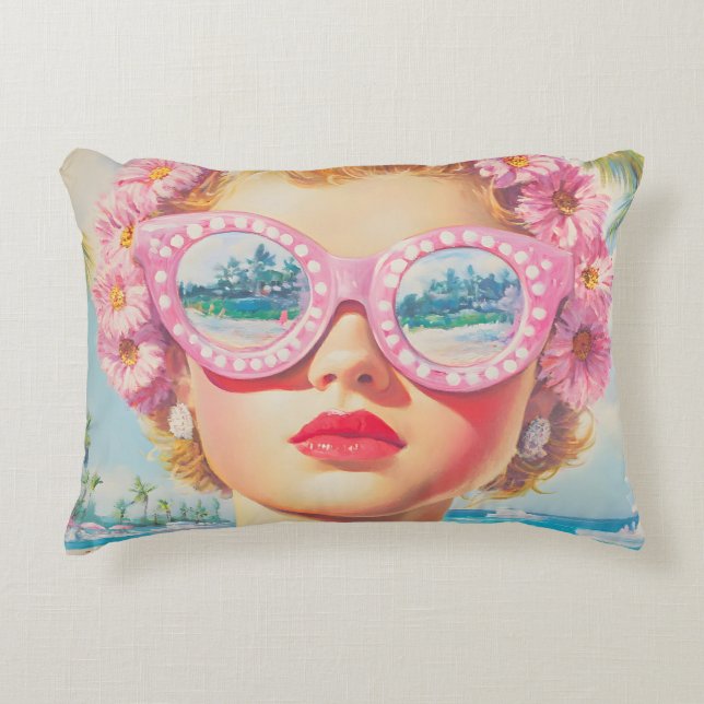 Retro Beach Girl med Blommigt Sunglasses Prydnadskudde (Framsidan)