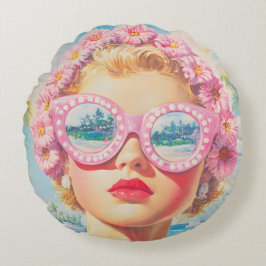 Retro Beach Girl med Blommigt Sunglasses Rund Kudde