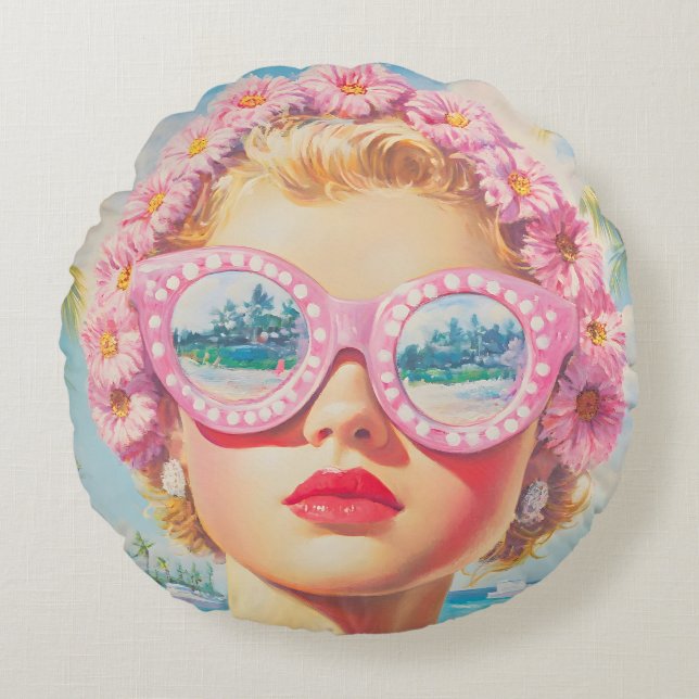 Retro Beach Girl med Blommigt Sunglasses Rund Kudde (Framsidan)