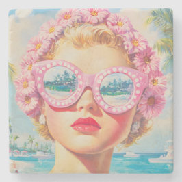 Retro Beach Girl med Blommigt Sunglasses Stenunderlägg