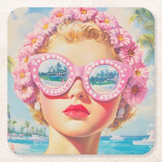 Retro Beach Girl med Blommigt Sunglasses Underlägg Papper Kvadrat (Framsidan)