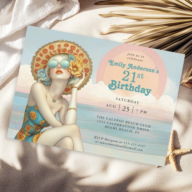 Retro Beach Glam 21:a födelsedagen Party Inbjudningar (Available in both printed and instant download digital formats.)