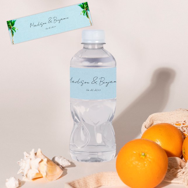 Retro Beach Handflatan Träd Personlig Bröllop Vattenflaskor Etikett (Skapare uppladdad)