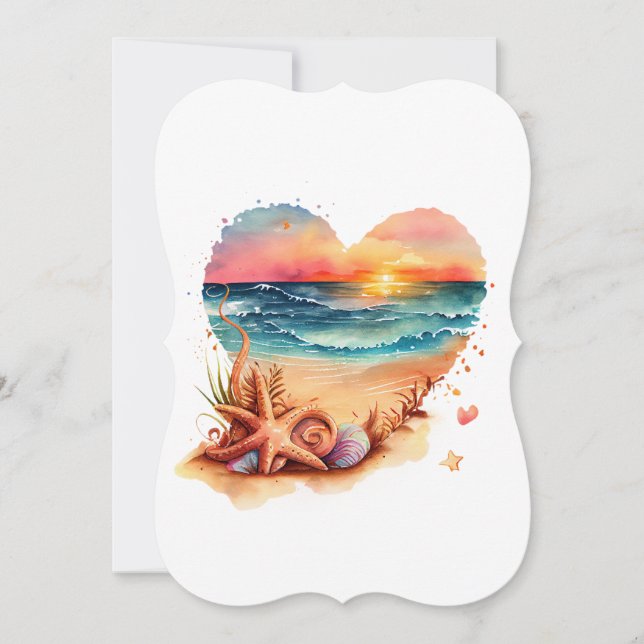 Retro Beach Heart Watercolor Anteckningskort (Framsida)
