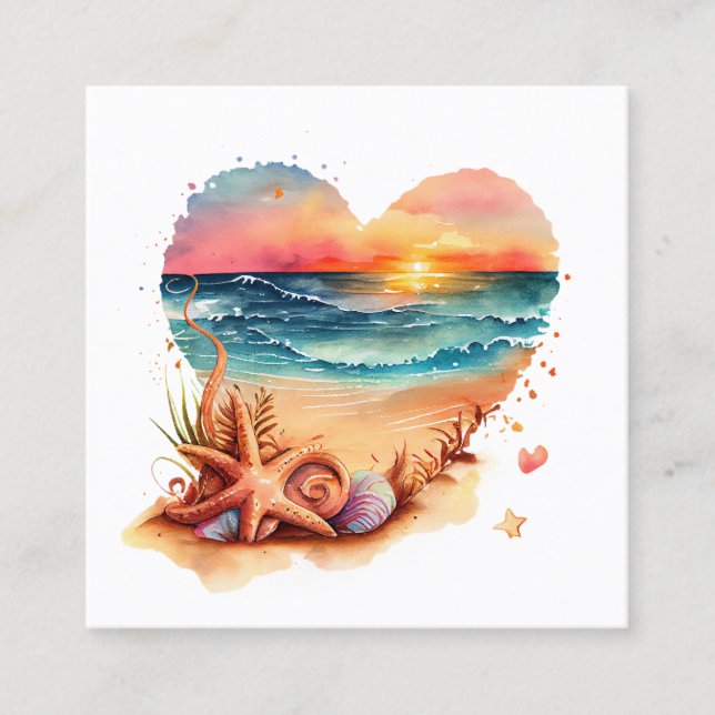 Retro Beach Heart Watercolor Fyrkantigt Visitkort (Framsida)