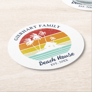Retro Beach House Family Reunion Handflatan Träd Underlägg Papper Rund