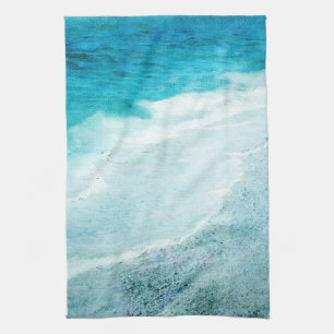 Retro Beach - Kustal Teal Blue Ocean Vattenfärg Kökshandduk