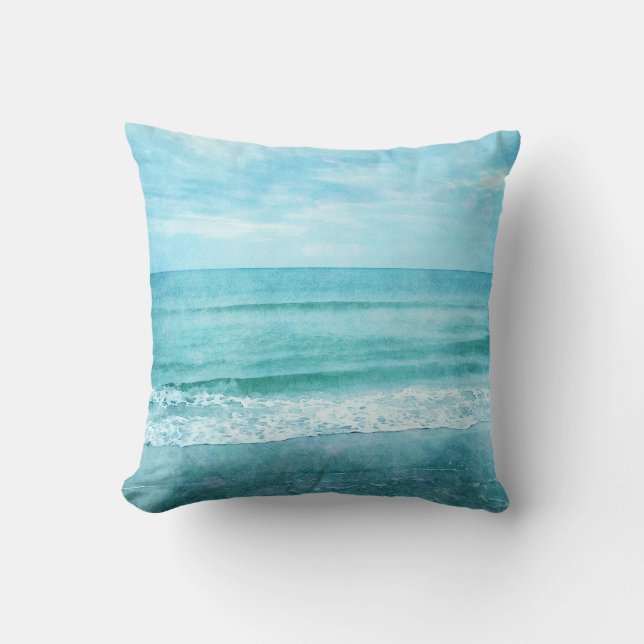 Retro Beach - Kustal Teal Blue Ocean Vattenfärg Kudde (Framsida)